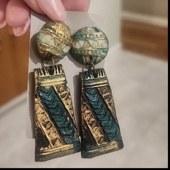 Art Deco Dangle Boho Statement Pierced Earrings Decoupage - Picture 1 of 8